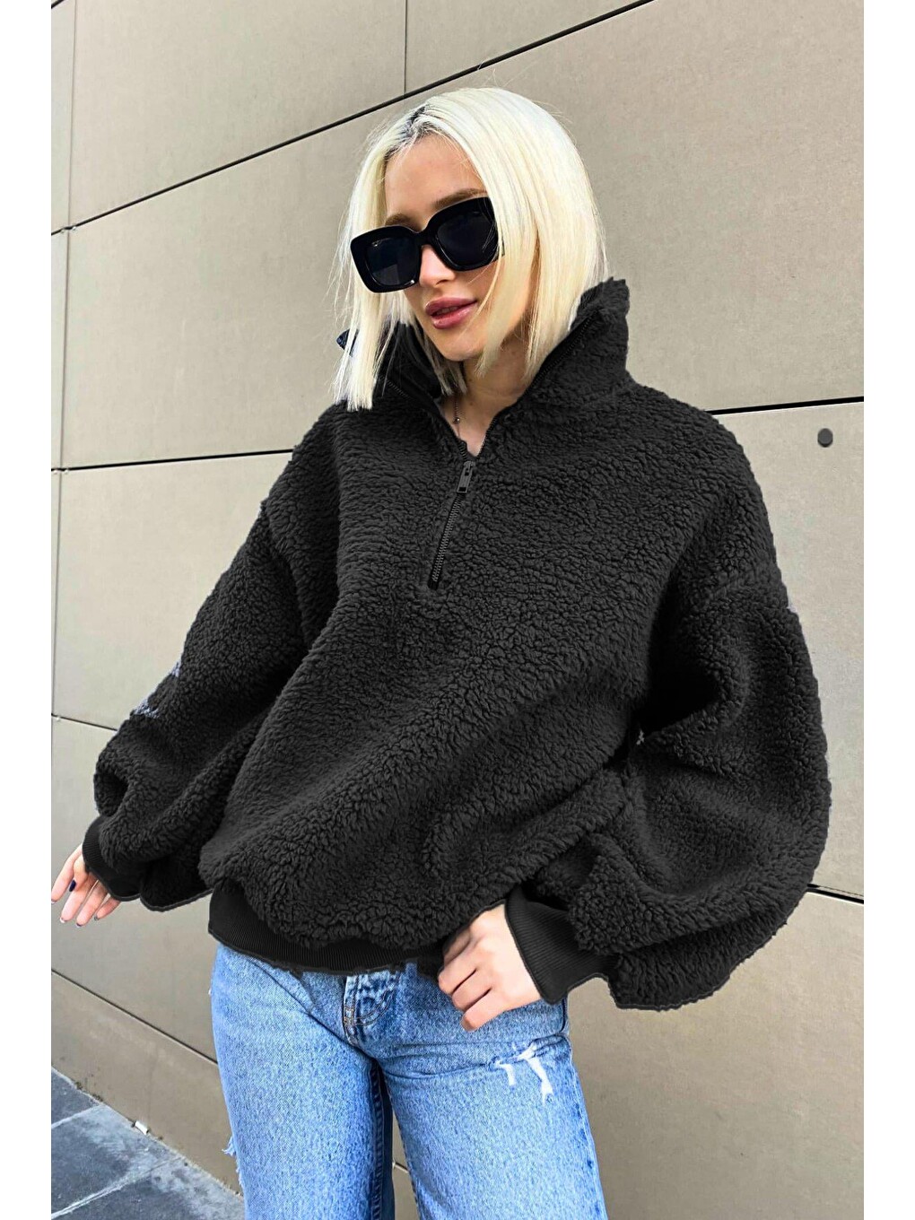 Siyah Pelüş Fermuar Yaka Sweatshirt Mg1413-4