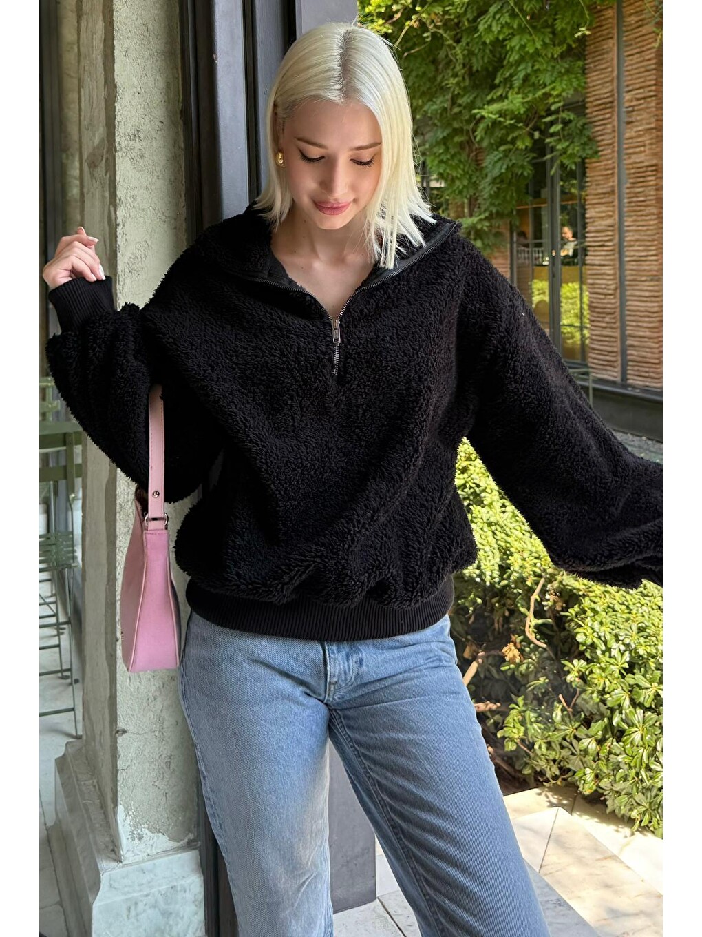 Siyah Pelüş Fermuar Yaka Sweatshirt Mg1413-7