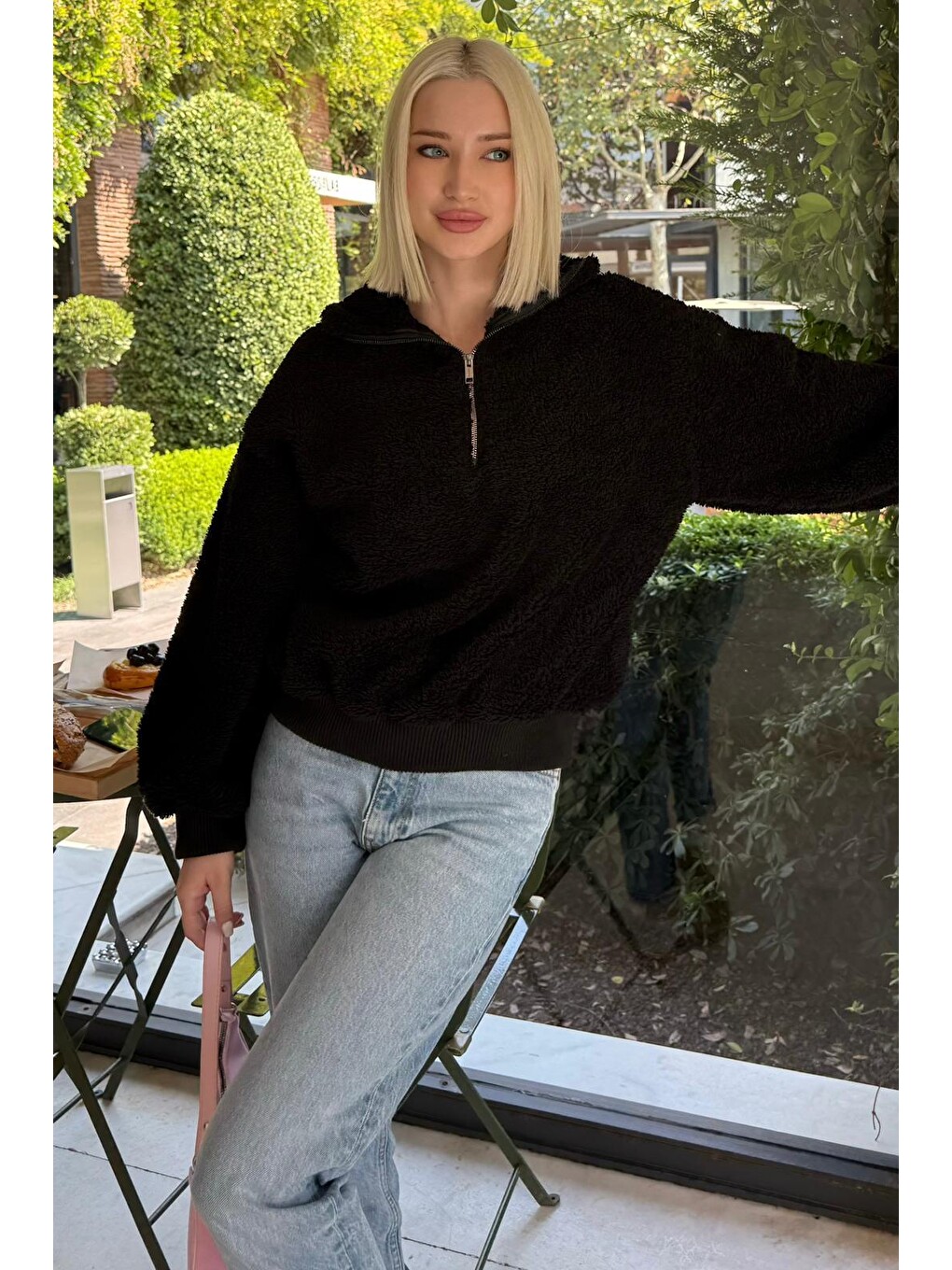 Siyah Pelüş Fermuar Yaka Sweatshirt Mg1413