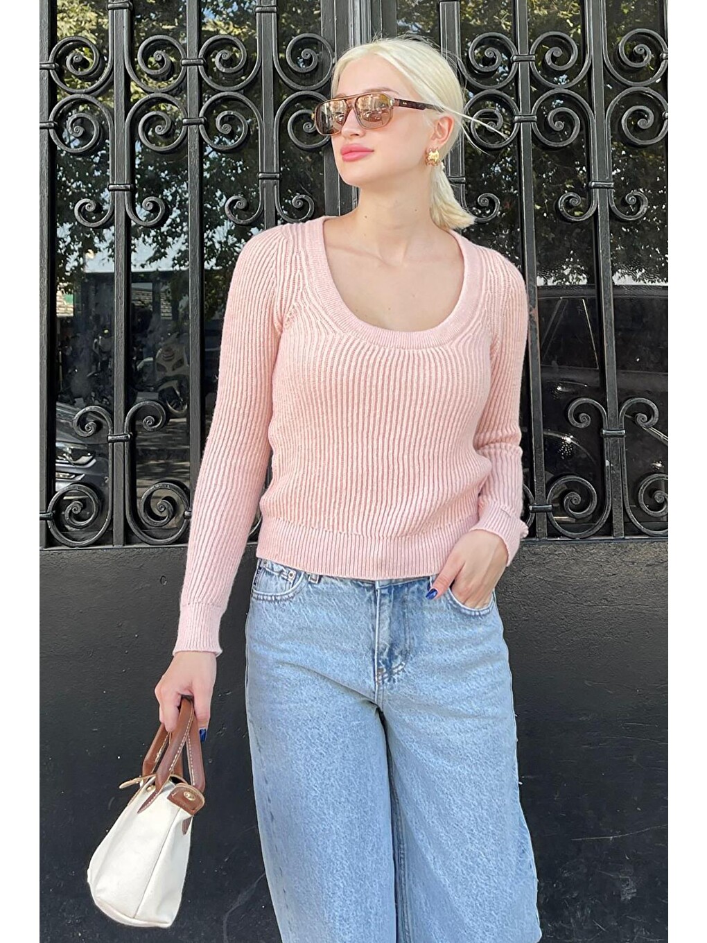 Pembe Pudra Bisiklet Yaka Basic Örme Kazak Mg2189-5