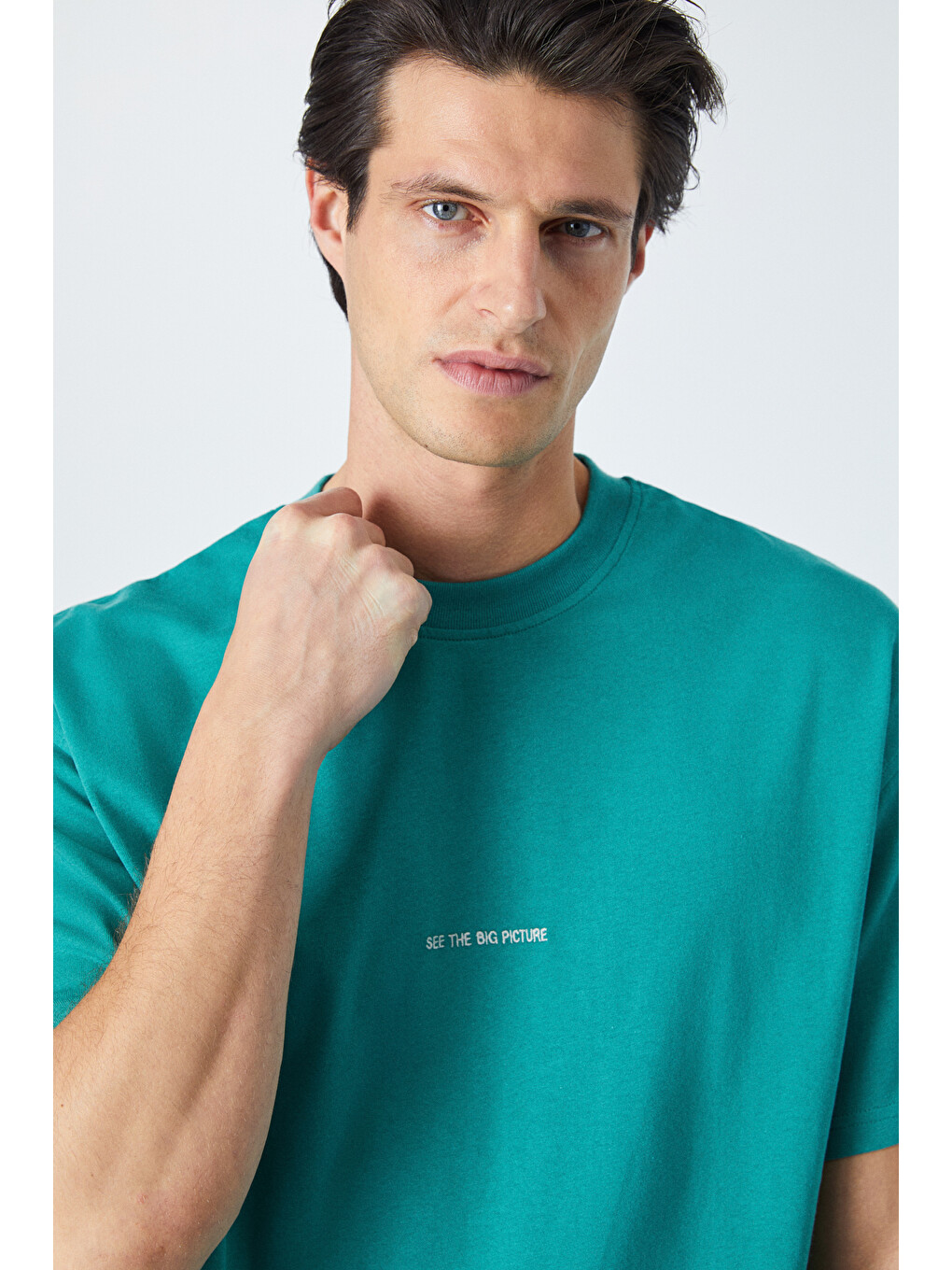 Rıver Erkek Oversize Fit Bol Kesim Nakış İşlemeli Basic Örme Yeşil Tişört-3