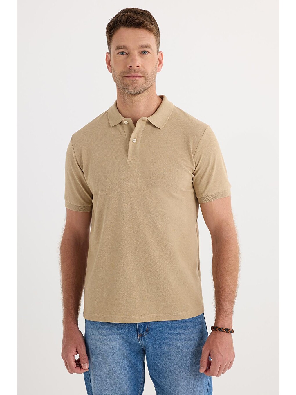 Erkek Slim Fit Dar Kesim Pamuklu Yumuşak Dokulu Serin Tutan Kumaş Düz Pike Bej Polo Yaka Tişört-2