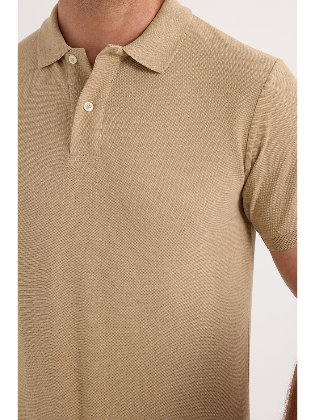 Erkek Slim Fit Dar Kesim Pamuklu Yumuşak Dokulu Serin Tutan Kumaş Düz Pike Bej Polo Yaka Tişört-3