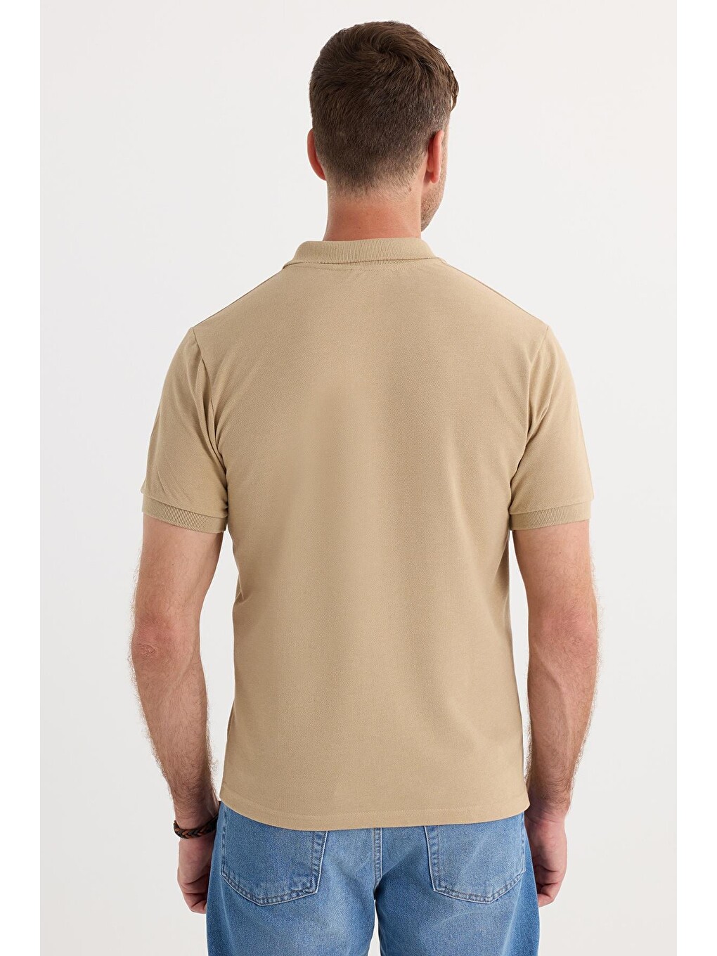 Erkek Slim Fit Dar Kesim Pamuklu Yumuşak Dokulu Serin Tutan Kumaş Düz Pike Bej Polo Yaka Tişört-5