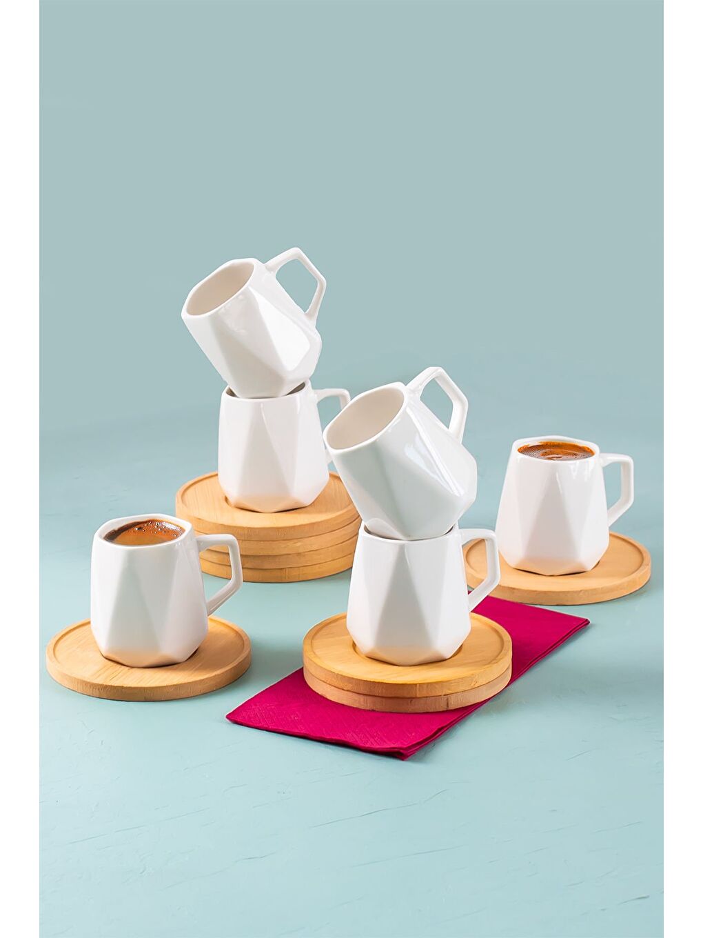 Beyaz 10974 Carlo Bambu Tabaklı 12 Parça Porselen Türk Kahvesi Fincan Takımı