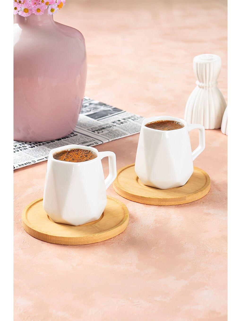 Beyaz 10974 Carlo Bambu Tabaklı 12 Parça Porselen Türk Kahvesi Fincan Takımı-1