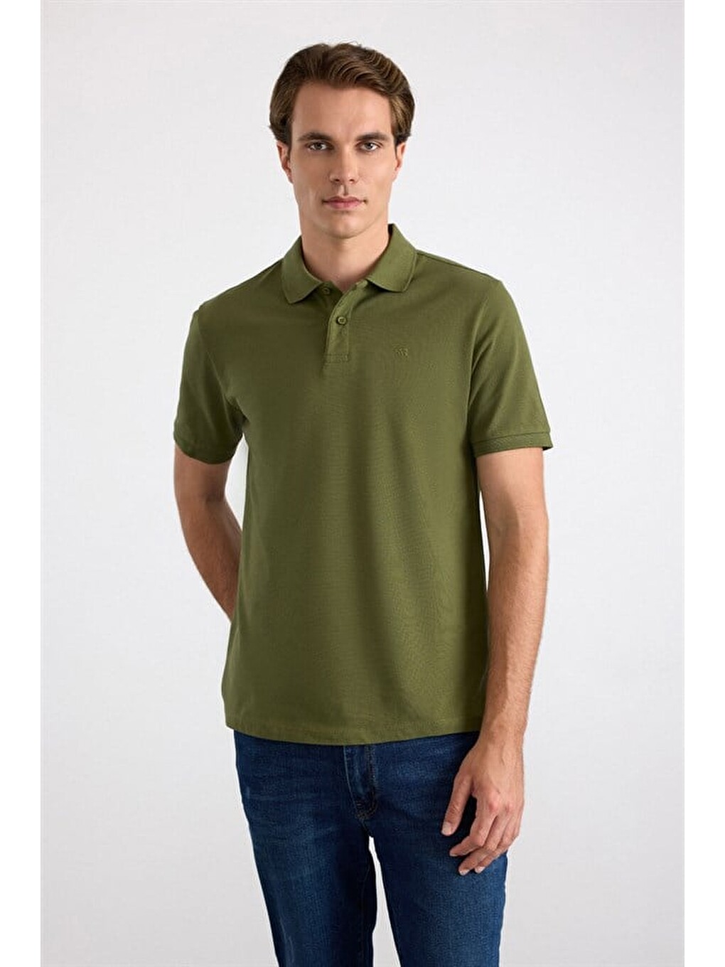 Haki Regular Düz Nakışlı Pike Düğmeli Polo Yaka Tişört-1