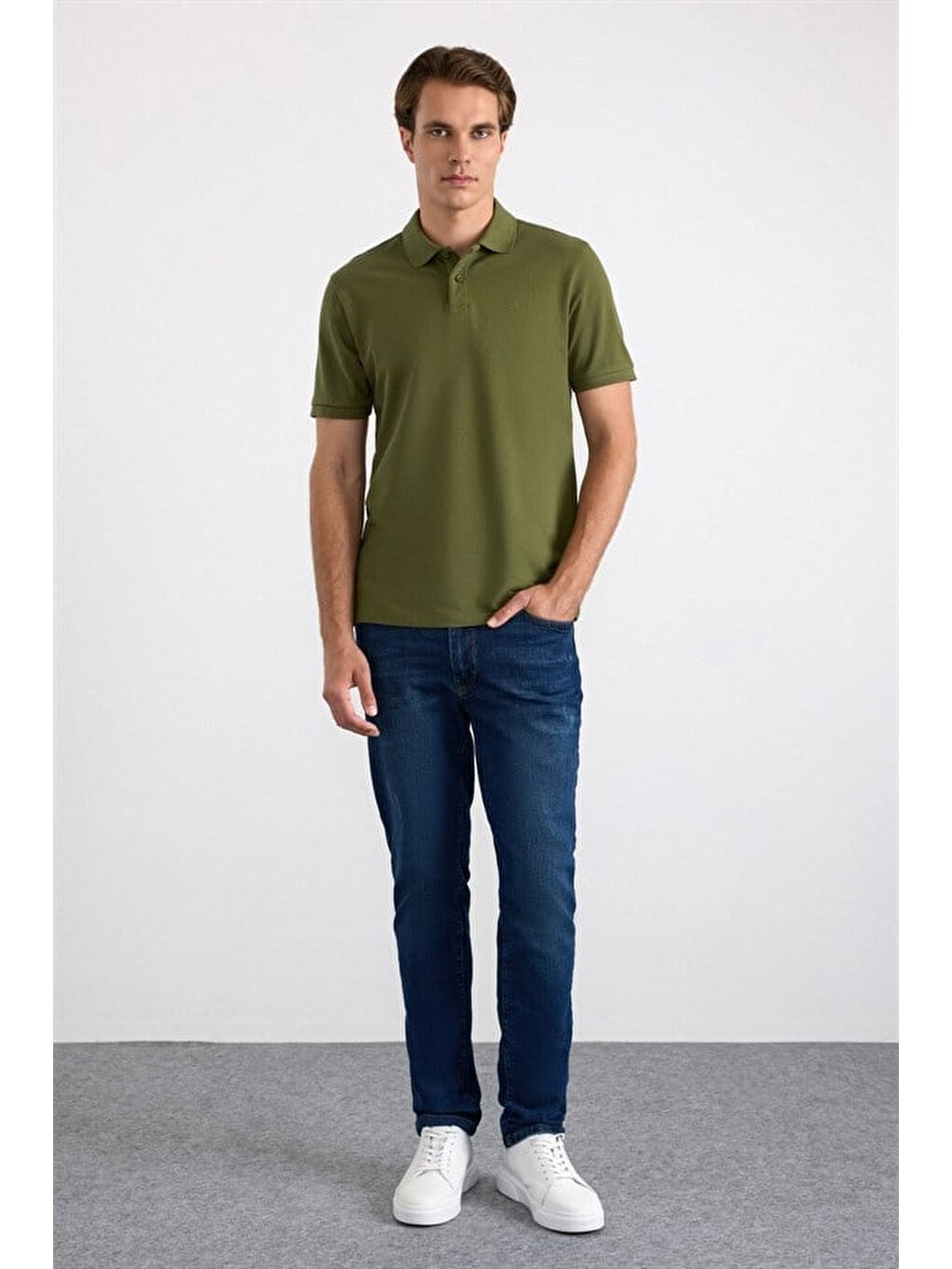Haki Regular Düz Nakışlı Pike Düğmeli Polo Yaka Tişört-3