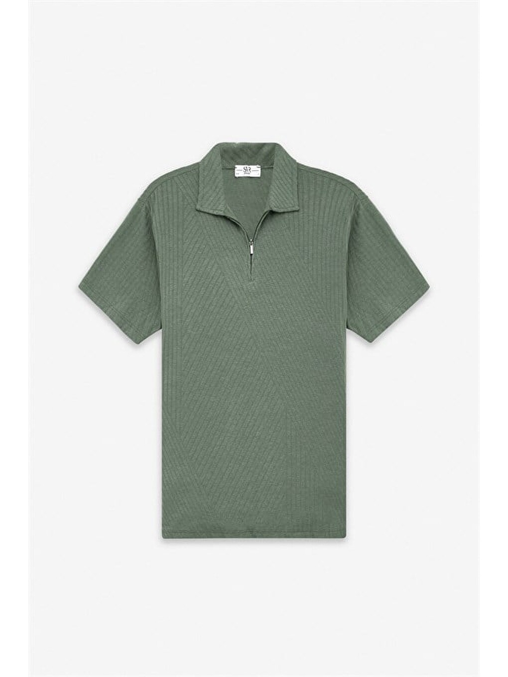 Haki Slim Yatay Çizgili Baskısız Jakarlı Fermuarlı Polo Yaka Tişört-4