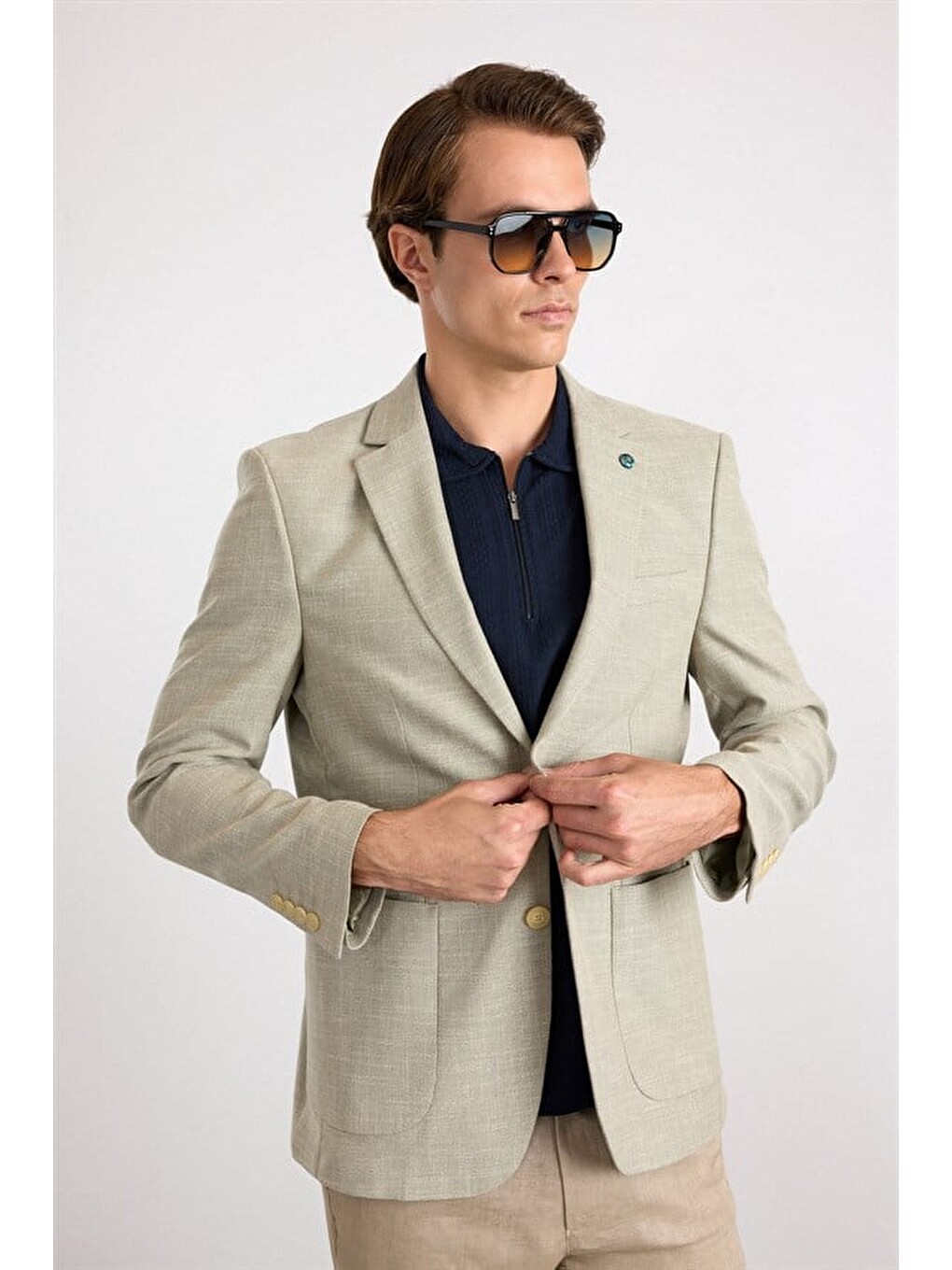 Turkuaz Su Yeşili Slim Mono Yaka Düz Poplin Torba Cep 6 Drop Klasik Ceket-5