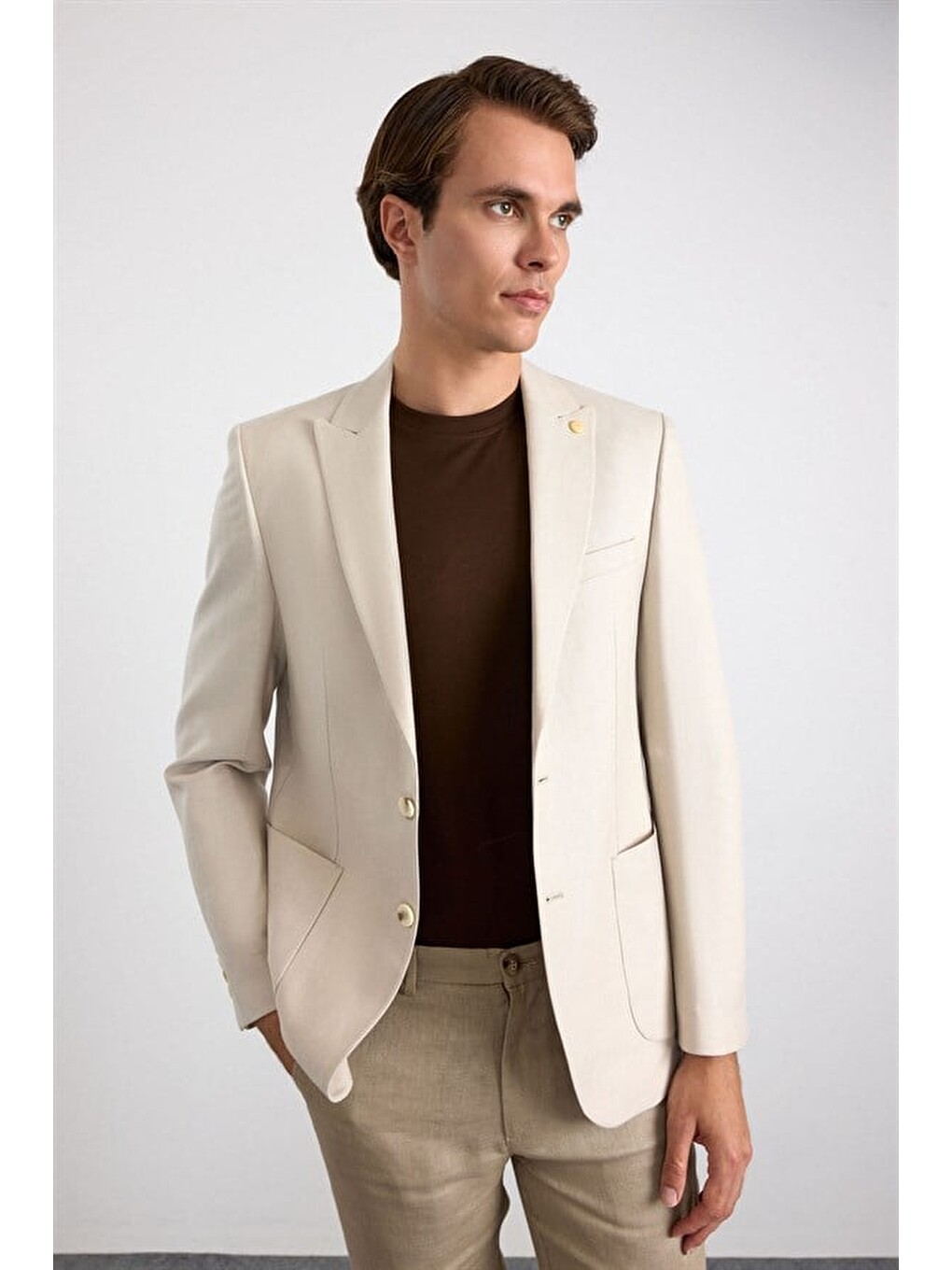 Bej Slim Mono Yaka Düz Poplin Torba Cep 6 Drop Klasik Ceket