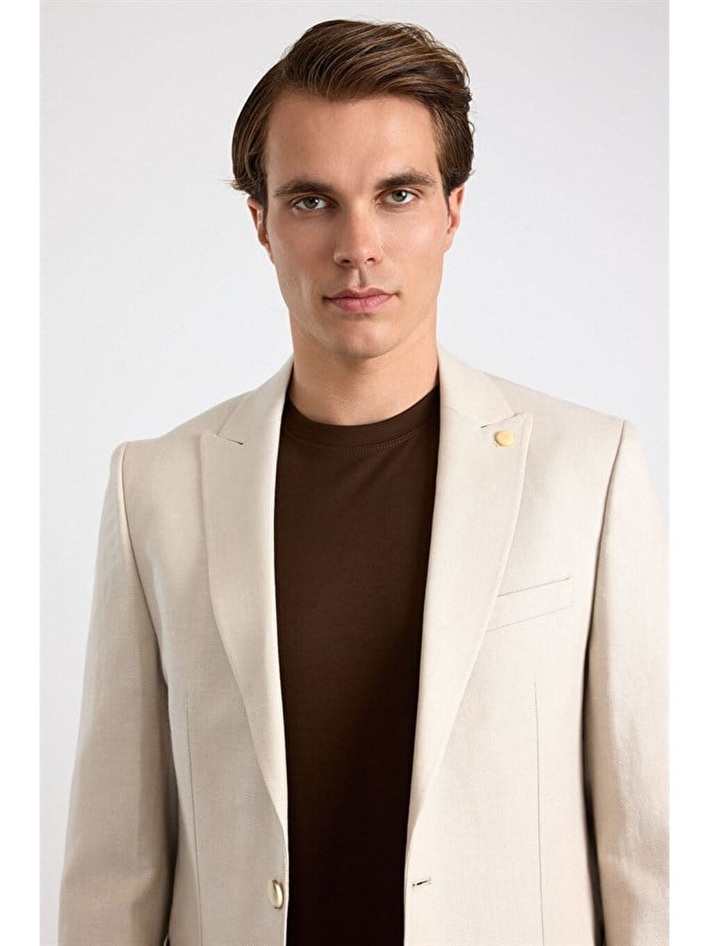 Bej Slim Mono Yaka Düz Poplin Torba Cep 6 Drop Klasik Ceket-1