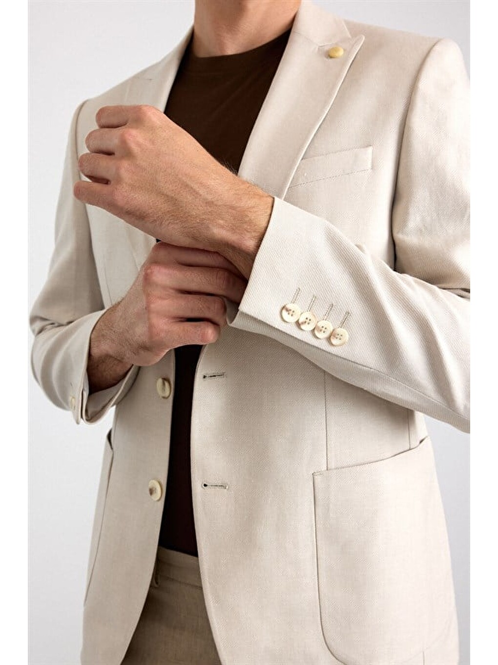 Bej Slim Mono Yaka Düz Poplin Torba Cep 6 Drop Klasik Ceket-2