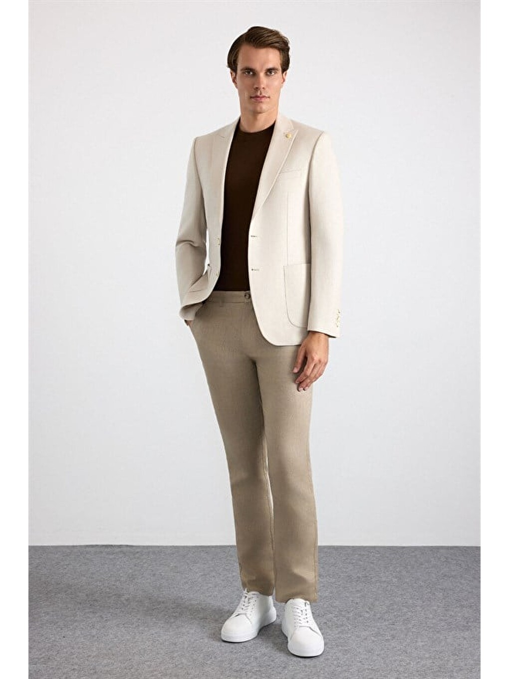 Bej Slim Mono Yaka Düz Poplin Torba Cep 6 Drop Klasik Ceket-5