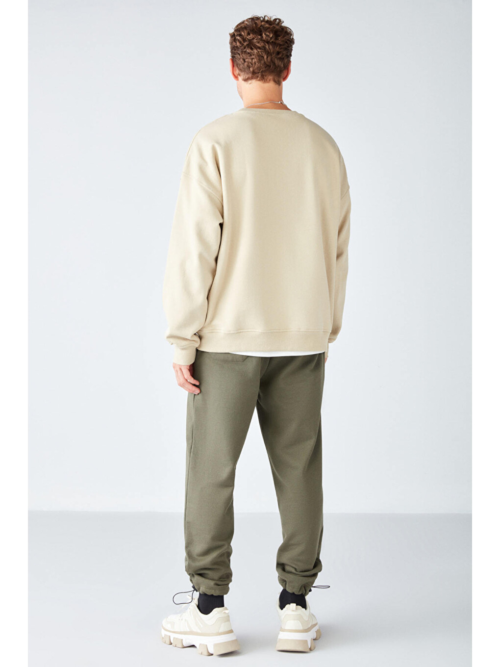 Stephan Erkek Yumuşacık Kumaşlı Organik Pamuklu Oversize Fit Yuvarlak Yakalı Bej Sweatshirt-4