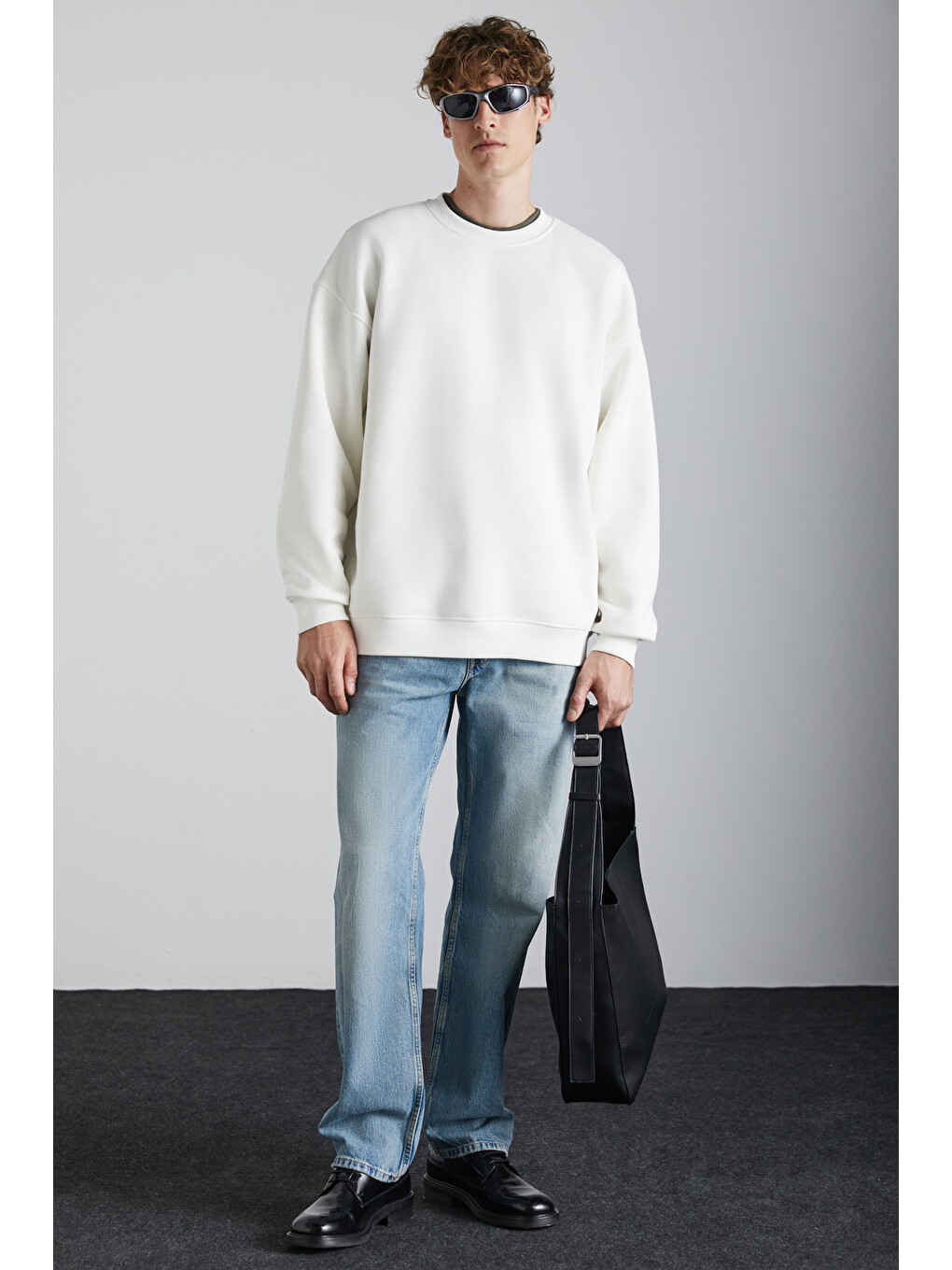 Stephan Erkek Yumuşacık Kumaşlı Organik Pamuklu Oversize Fit Yuvarlak Yakalı Ekru Sweatshirt-1