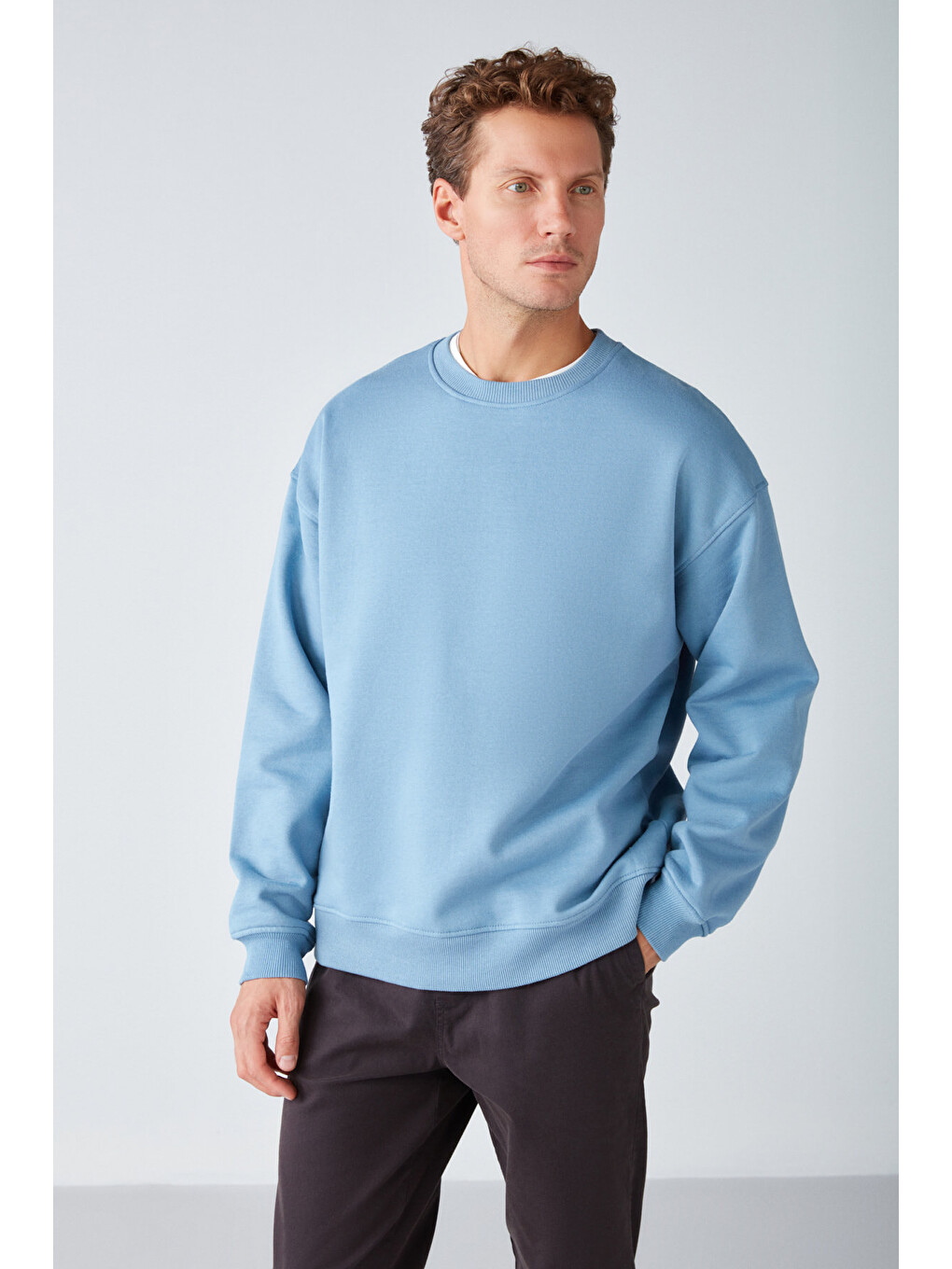Stephan Erkek Yumuşacık Kumaşlı Organik Pamuklu Oversize Fit Yuvarlak Yakalı Mavi Sweatshirt