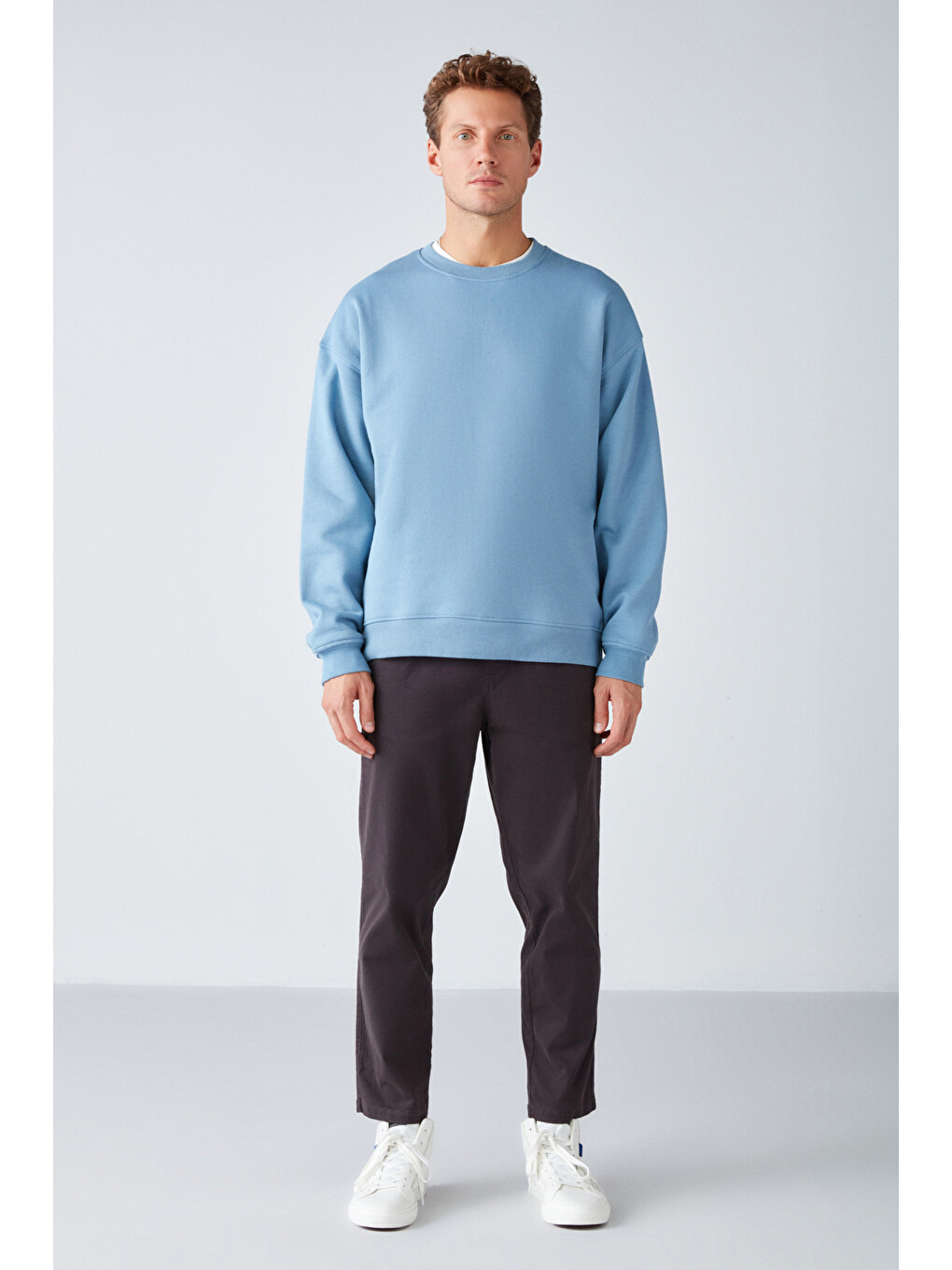 Stephan Erkek Yumuşacık Kumaşlı Organik Pamuklu Oversize Fit Yuvarlak Yakalı Mavi Sweatshirt-1