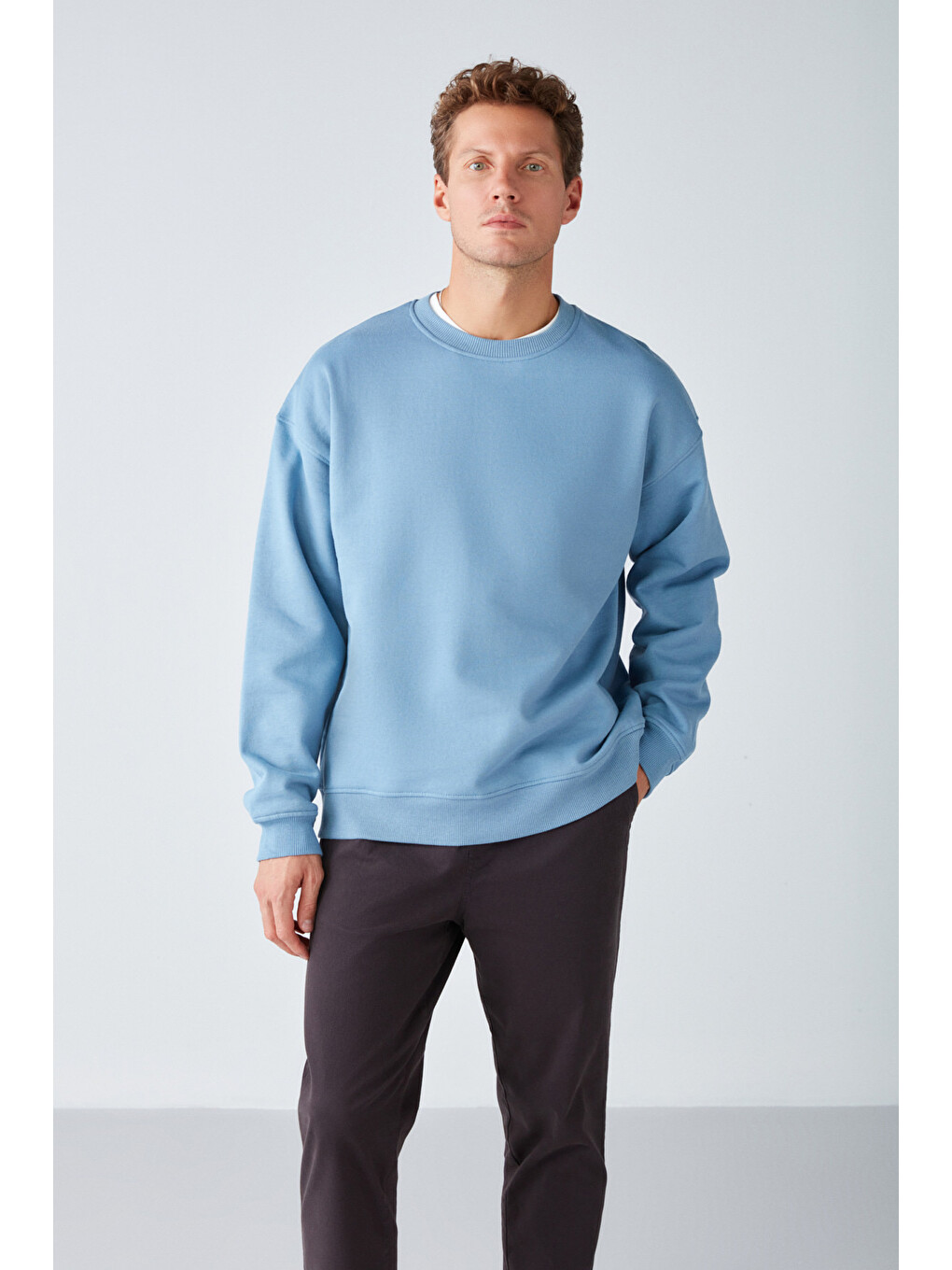 Stephan Erkek Yumuşacık Kumaşlı Organik Pamuklu Oversize Fit Yuvarlak Yakalı Mavi Sweatshirt-2