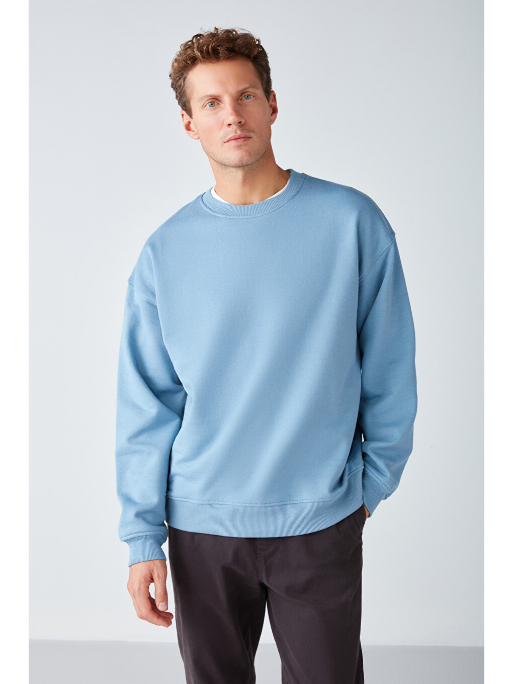 Stephan Erkek Yumuşacık Kumaşlı Organik Pamuklu Oversize Fit Yuvarlak Yakalı Mavi Sweatshirt-3