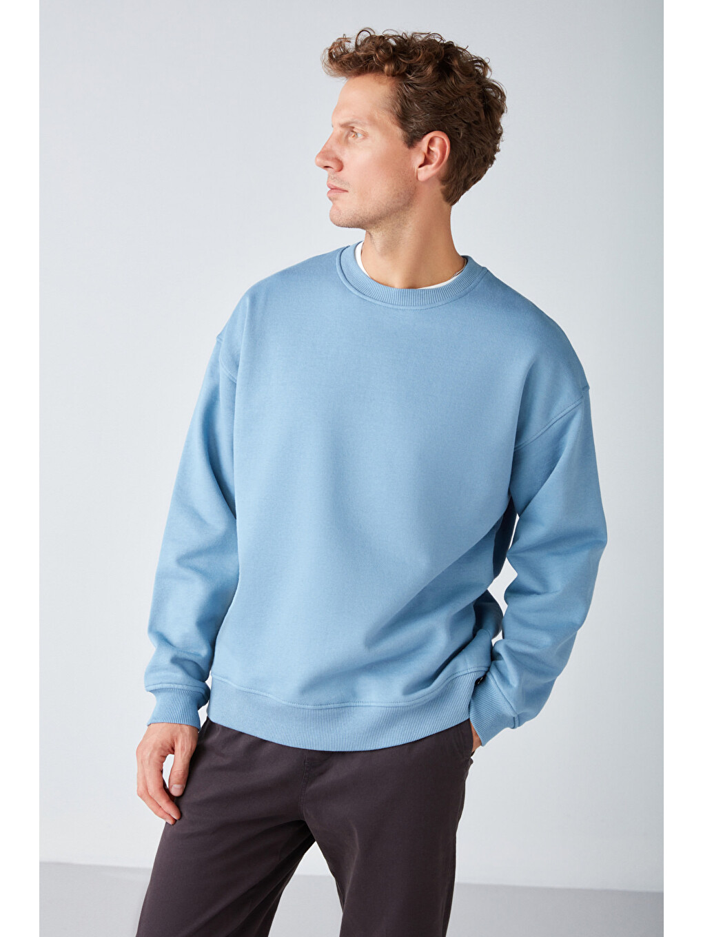 Stephan Erkek Yumuşacık Kumaşlı Organik Pamuklu Oversize Fit Yuvarlak Yakalı Mavi Sweatshirt-4