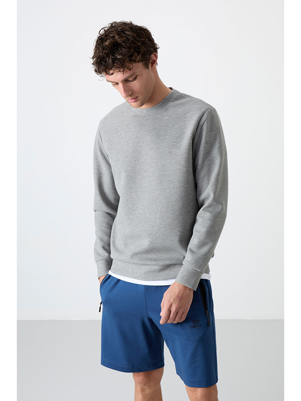 Gri Melanj Basic Bisiklet Yaka Rahat Form Erkek Sweatshirt - 88053-1