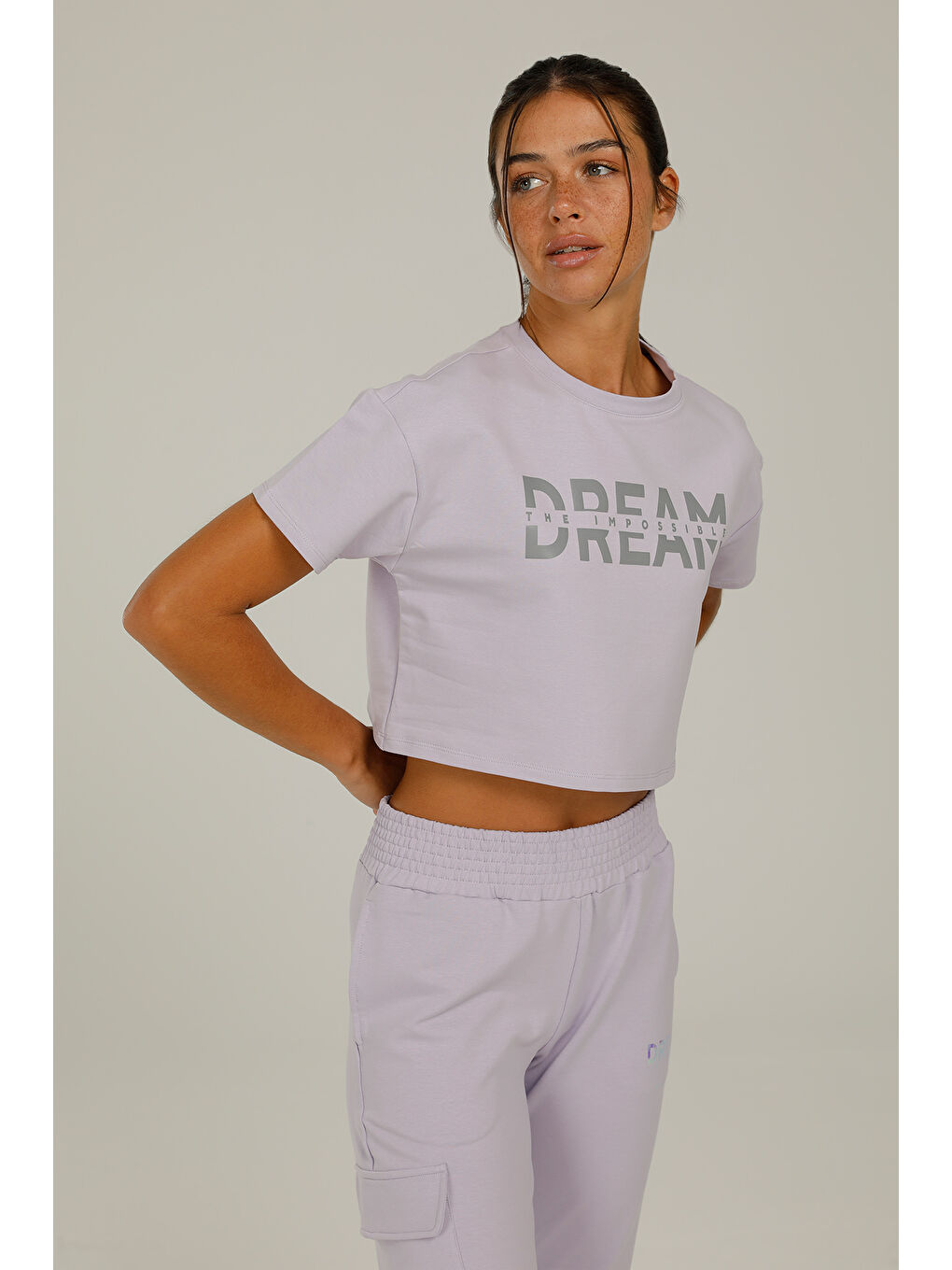 Mor CT1101 DAISY SLOGAN CROP Lila Kadın Kısa Kol T-Shirt