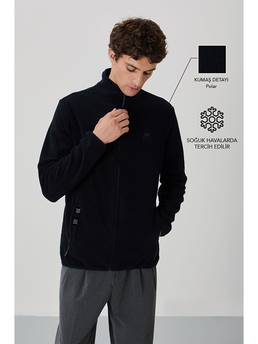 Lacivert Yazı Nakışlı Dik Yaka Standart Kalıp Erkek Fermuarlı Sweatshirt Hırka Polar - 87992