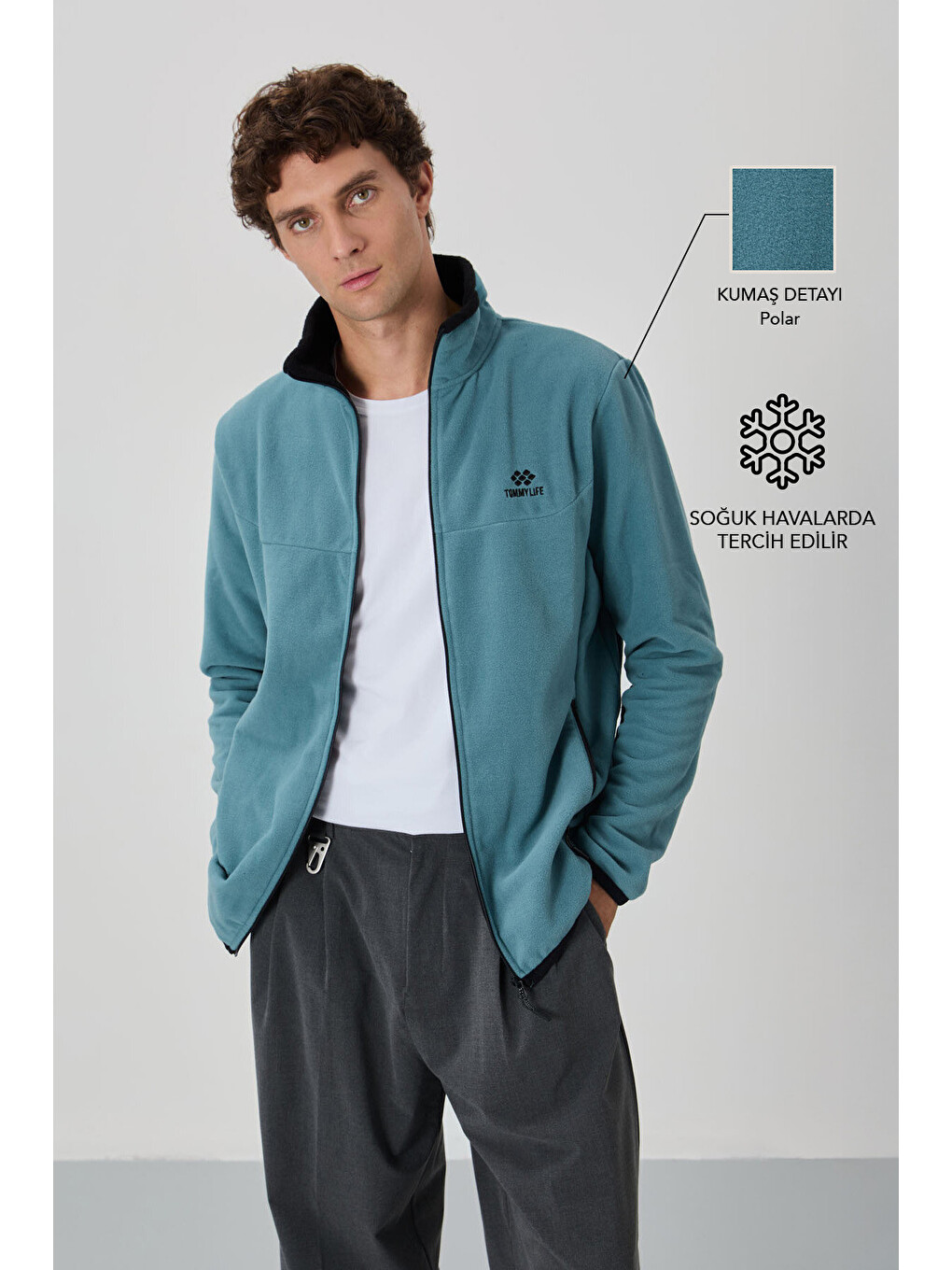 Mint Yeşili Yazı Nakışlı Dik Yaka Standart Kalıp Erkek Fermuarlı Sweatshirt Hırka Polar - 87992