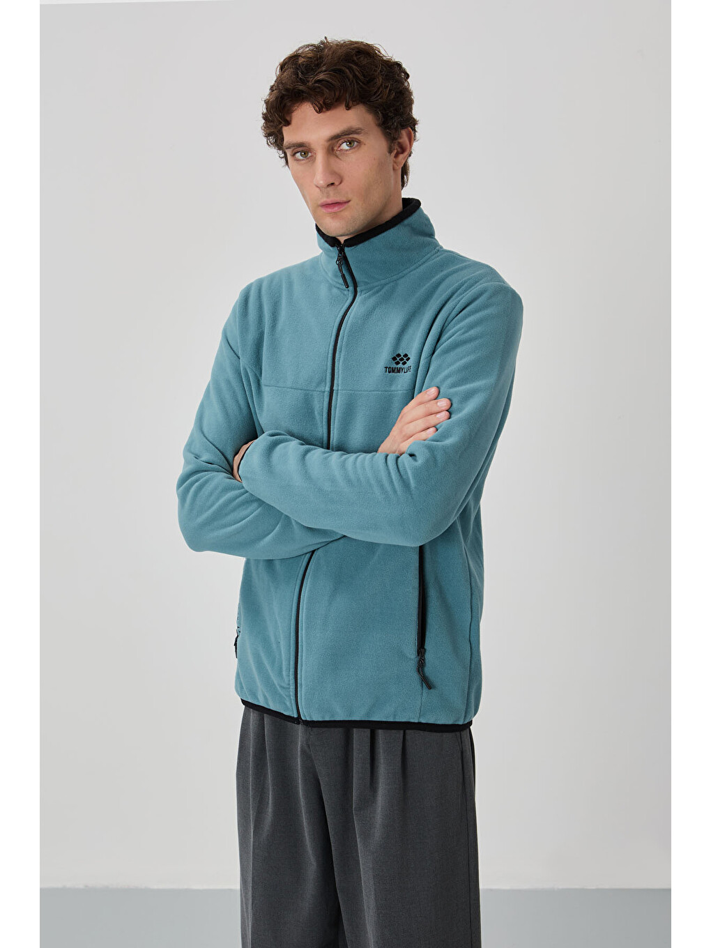 Mint Yeşili Yazı Nakışlı Dik Yaka Standart Kalıp Erkek Fermuarlı Sweatshirt Hırka Polar - 87992-4