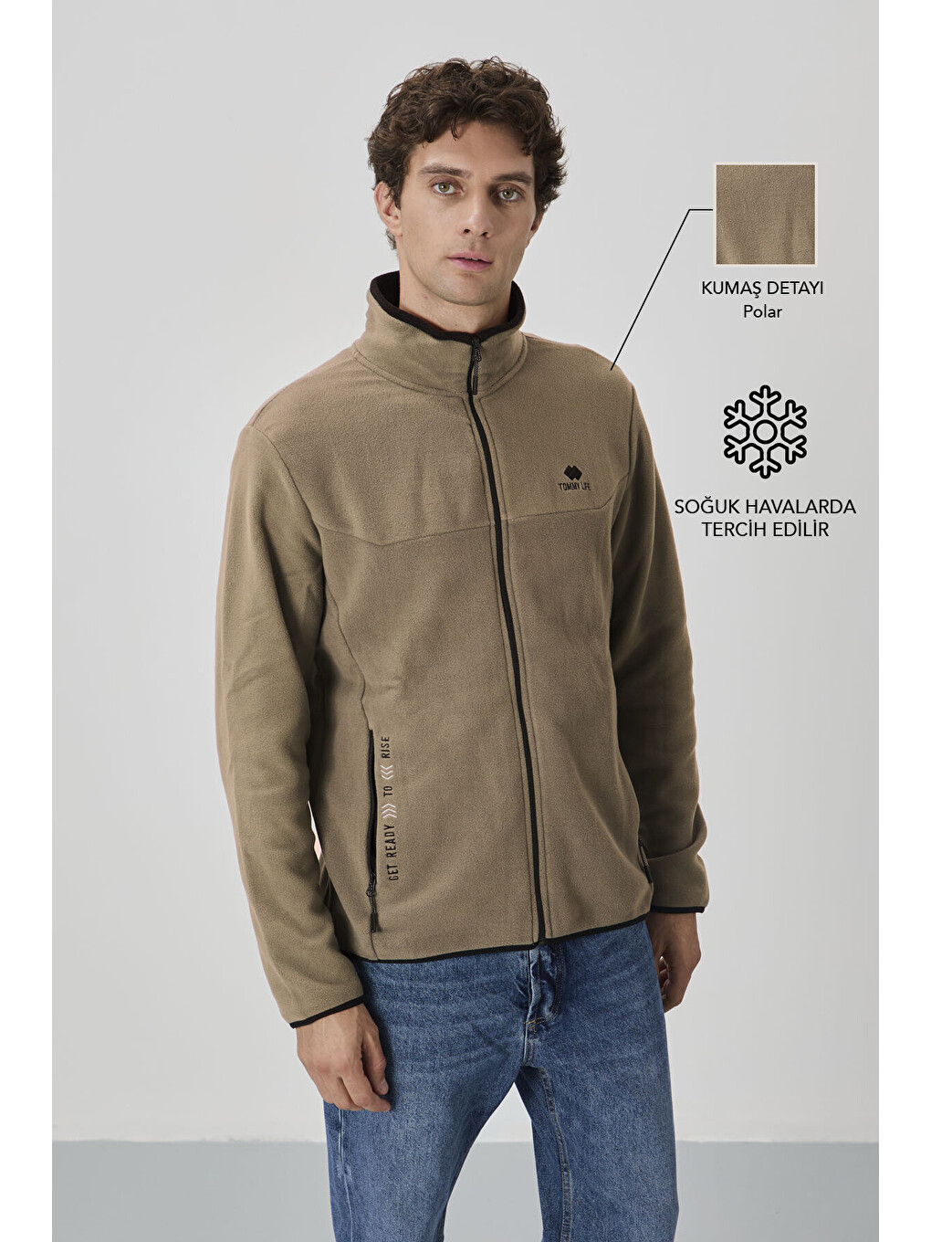 Kahverengi Camel Yazı Nakışlı Dik Yaka Standart Kalıp Erkek Fermuarlı Sweatshirt Hırka Polar - 87992-1