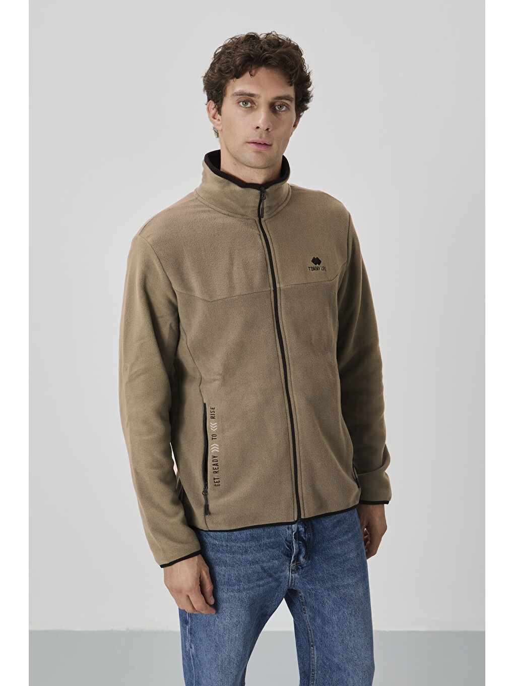 Kahverengi Camel Yazı Nakışlı Dik Yaka Standart Kalıp Erkek Fermuarlı Sweatshirt Hırka Polar - 87992-2