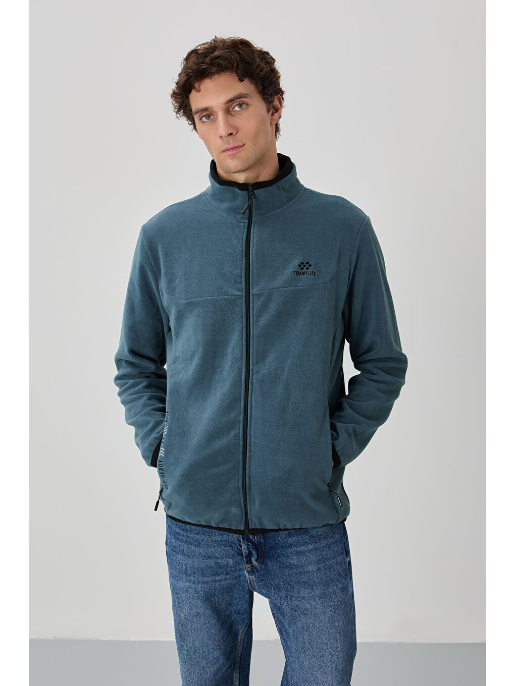 Petrol Yazı Nakışlı Dik Yaka Standart Kalıp Erkek Fermuarlı Sweatshirt Hırka Polar - 87992