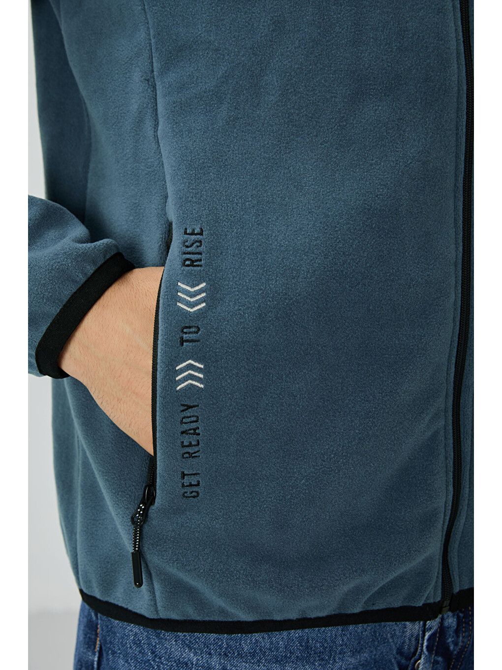 Petrol Yazı Nakışlı Dik Yaka Standart Kalıp Erkek Fermuarlı Sweatshirt Hırka Polar - 87992-3