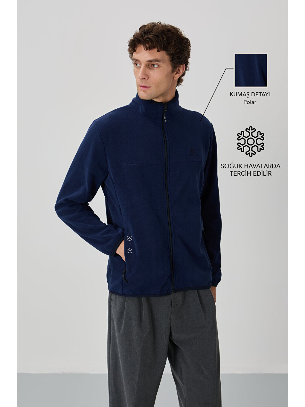 İndigo Yazı Nakışlı Dik Yaka Standart Kalıp Erkek Fermuarlı Sweatshirt Hırka Polar - 87992