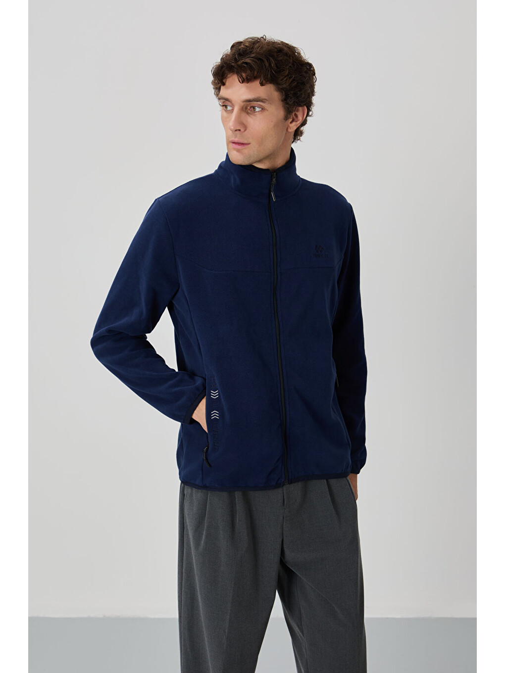 İndigo Yazı Nakışlı Dik Yaka Standart Kalıp Erkek Fermuarlı Sweatshirt Hırka Polar - 87992-1