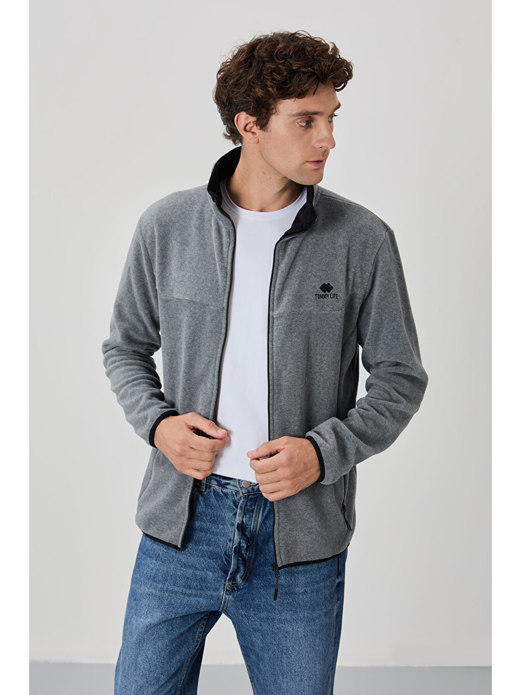 Gri Melanj Yazı Nakışlı Dik Yaka Standart Kalıp Erkek Fermuarlı Sweatshirt Hırka Polar - 87992-2