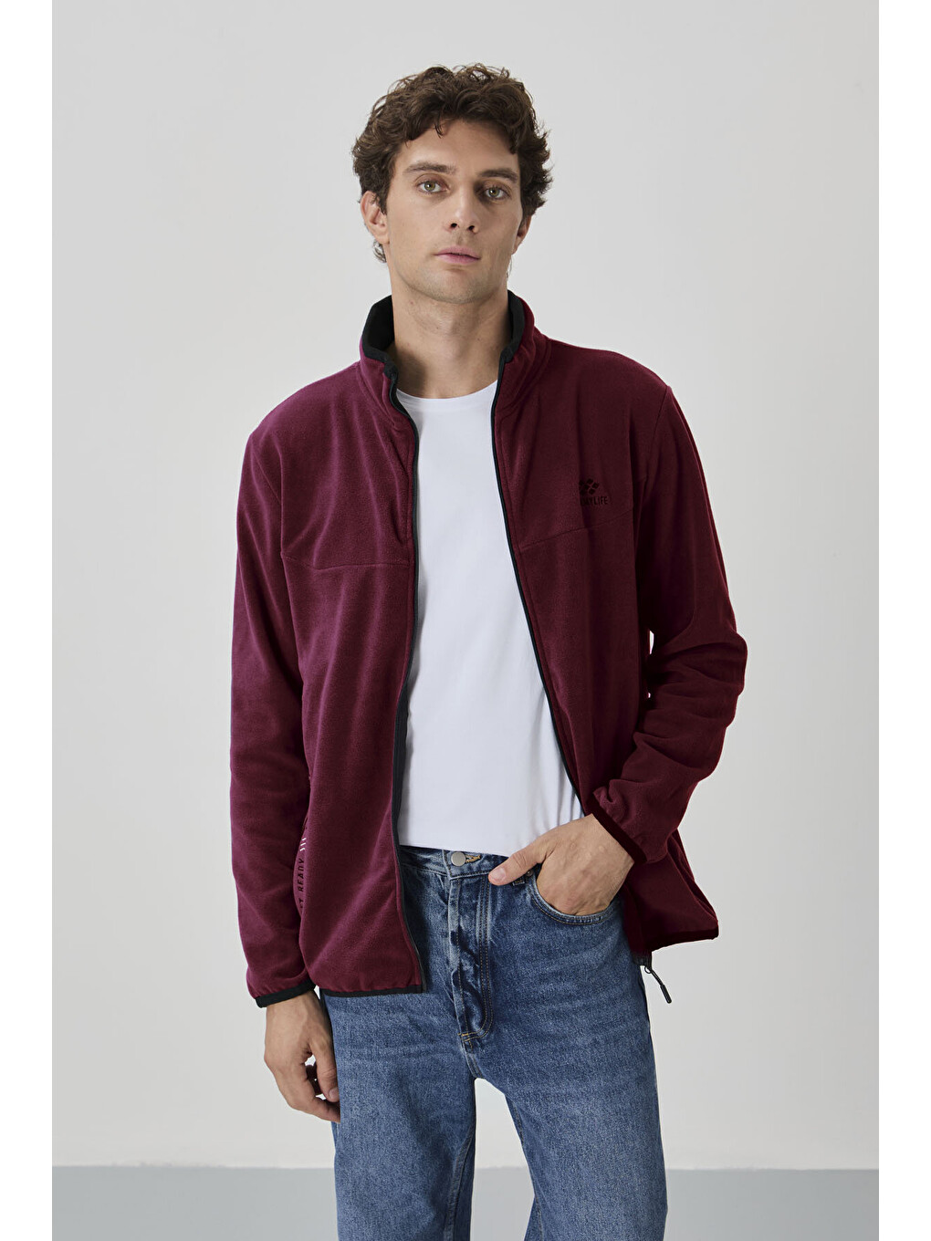 Bordo Erguvan Yazı Nakışlı Dik Yaka Standart Kalıp Erkek Fermuarlı Sweatshirt Hırka Polar - 87992