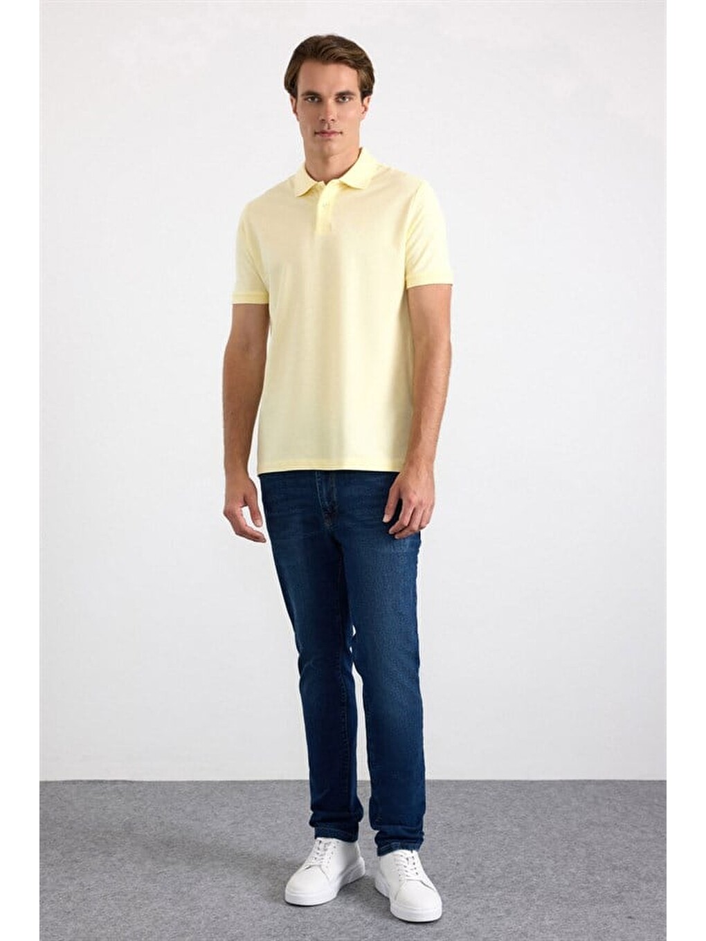 Sarı Slim Düz Nakışlı Pike Düğmeli Polo Yaka Tişört-3