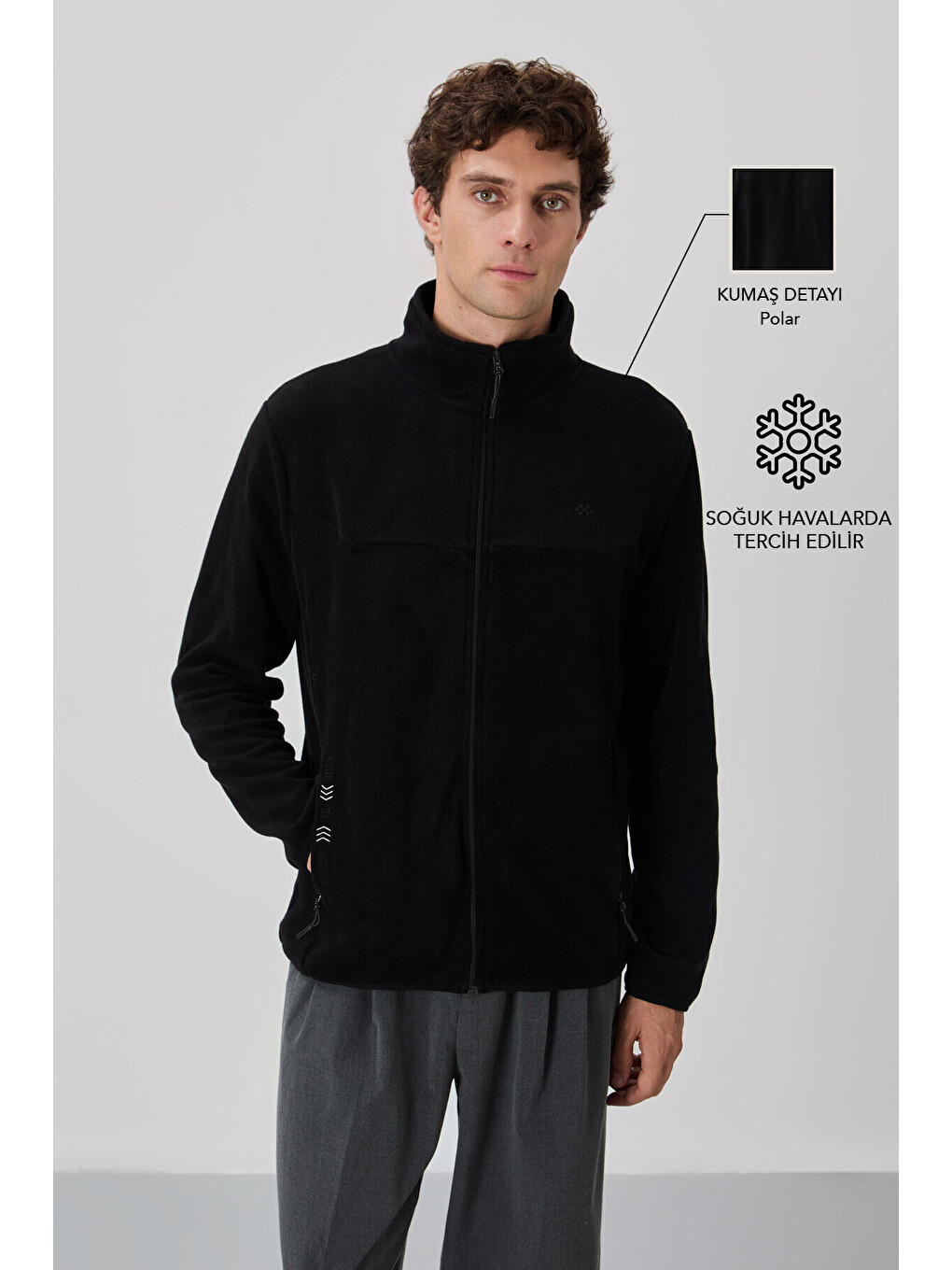 Siyah Yazı Nakışlı Dik Yaka Standart Kalıp Erkek Fermuarlı Sweatshirt Hırka Polar - 87992-1