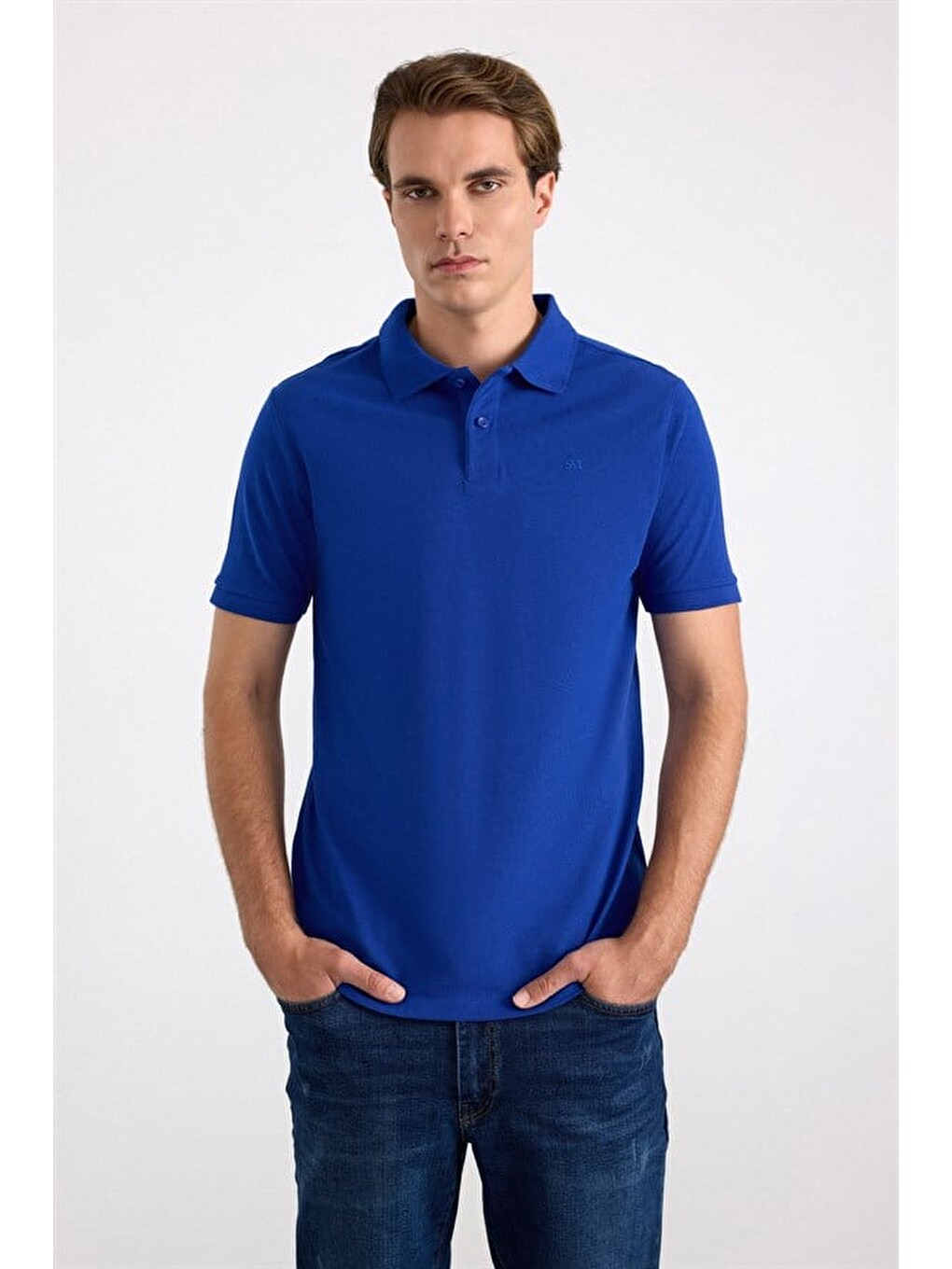 Saks Mavi Slim Düz Nakışlı Pike Düğmeli Polo Yaka Tişört