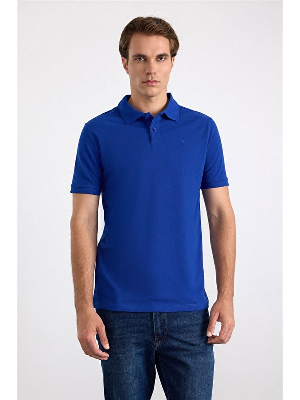 Saks Mavi Slim Düz Nakışlı Pike Düğmeli Polo Yaka Tişört-1