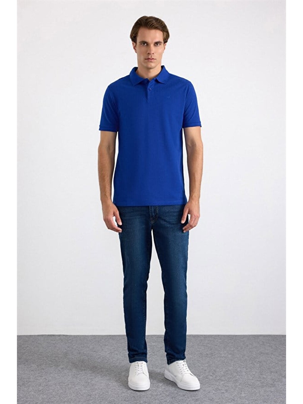 Saks Mavi Slim Düz Nakışlı Pike Düğmeli Polo Yaka Tişört-4