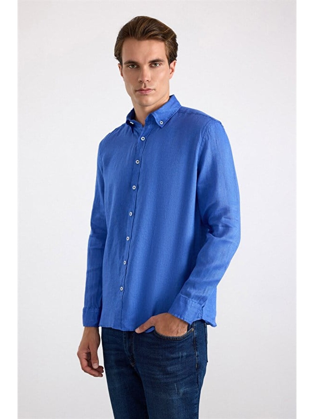 Saks Mavi Regular Klasik Yaka Düz Cepsiz Düğmeli Uzun Kollu Casual Gömlek