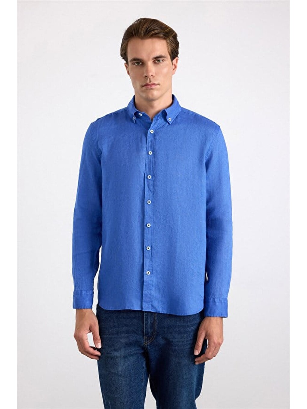 Saks Mavi Regular Klasik Yaka Düz Cepsiz Düğmeli Uzun Kollu Casual Gömlek-1