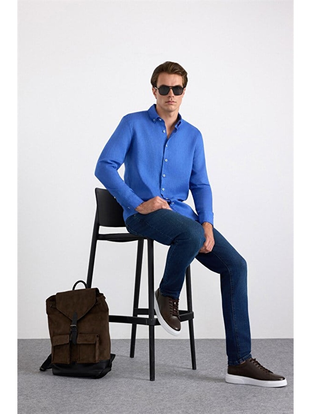 Saks Mavi Regular Klasik Yaka Düz Cepsiz Düğmeli Uzun Kollu Casual Gömlek-4