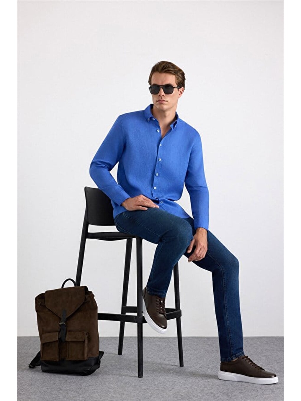 Saks Mavi Regular Klasik Yaka Düz Cepsiz Düğmeli Uzun Kollu Casual Gömlek-5