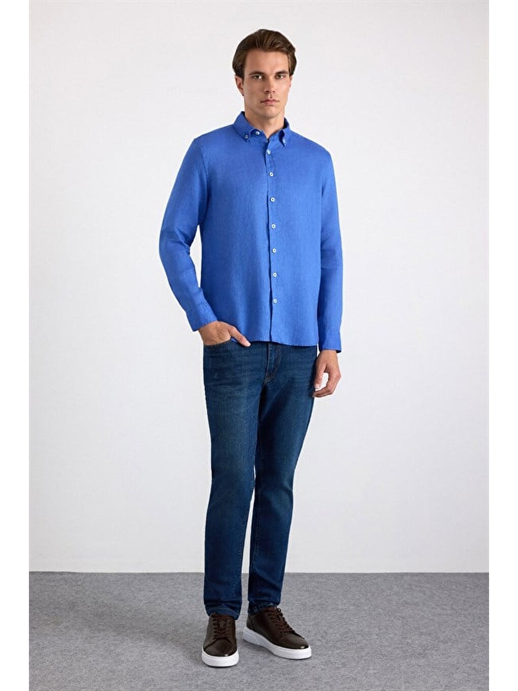 Saks Mavi Regular Klasik Yaka Düz Cepsiz Düğmeli Uzun Kollu Casual Gömlek-7