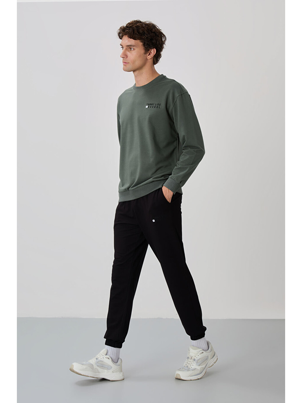 Yeşil Çağla - Siyah Casual O Yaka Lastik Paça Erkek Oversize Eşofman Takımı - 85120