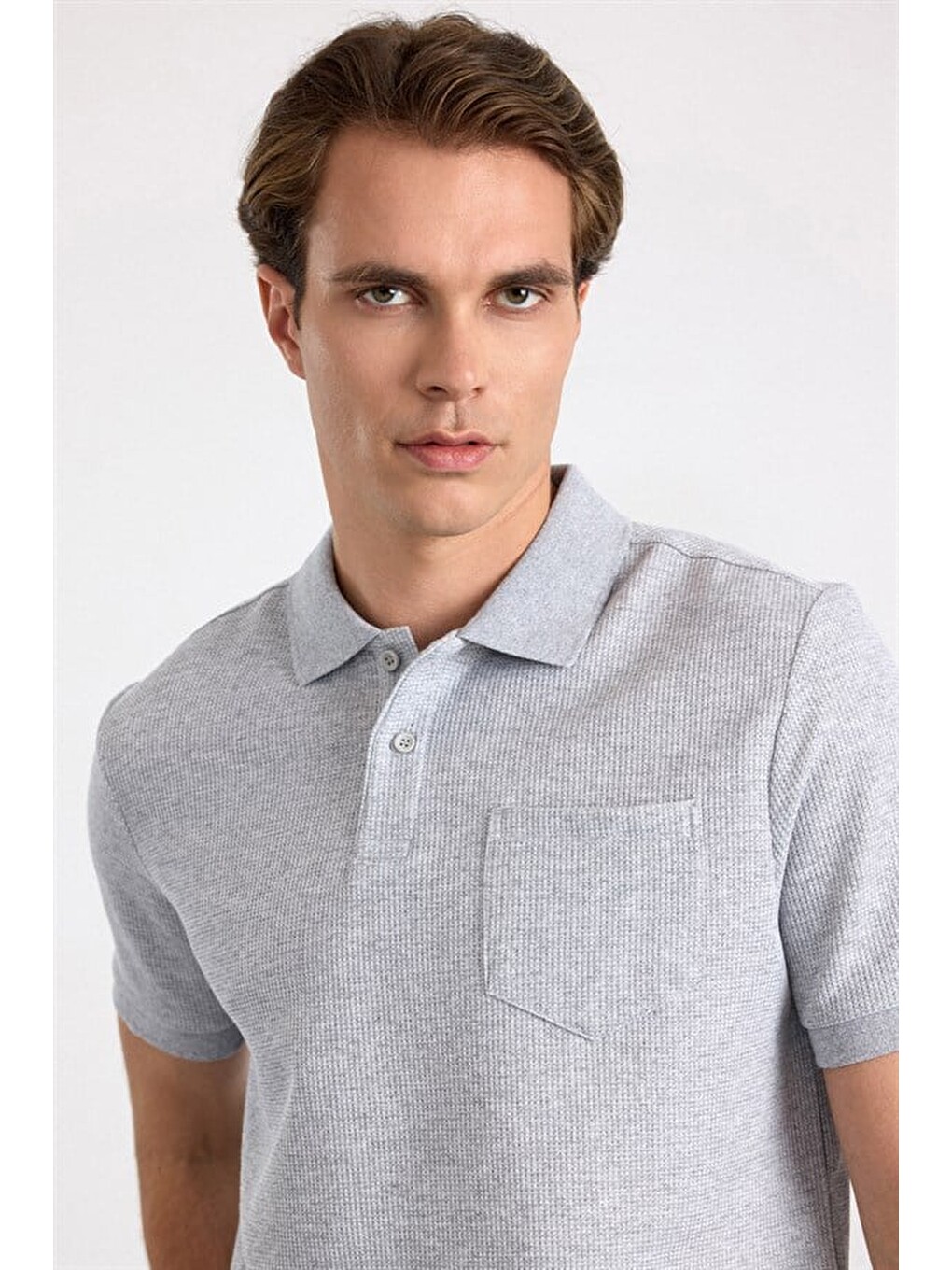 Gri Regular Düz Baskısız Pike Düğmeli Polo Yaka Tişört-1